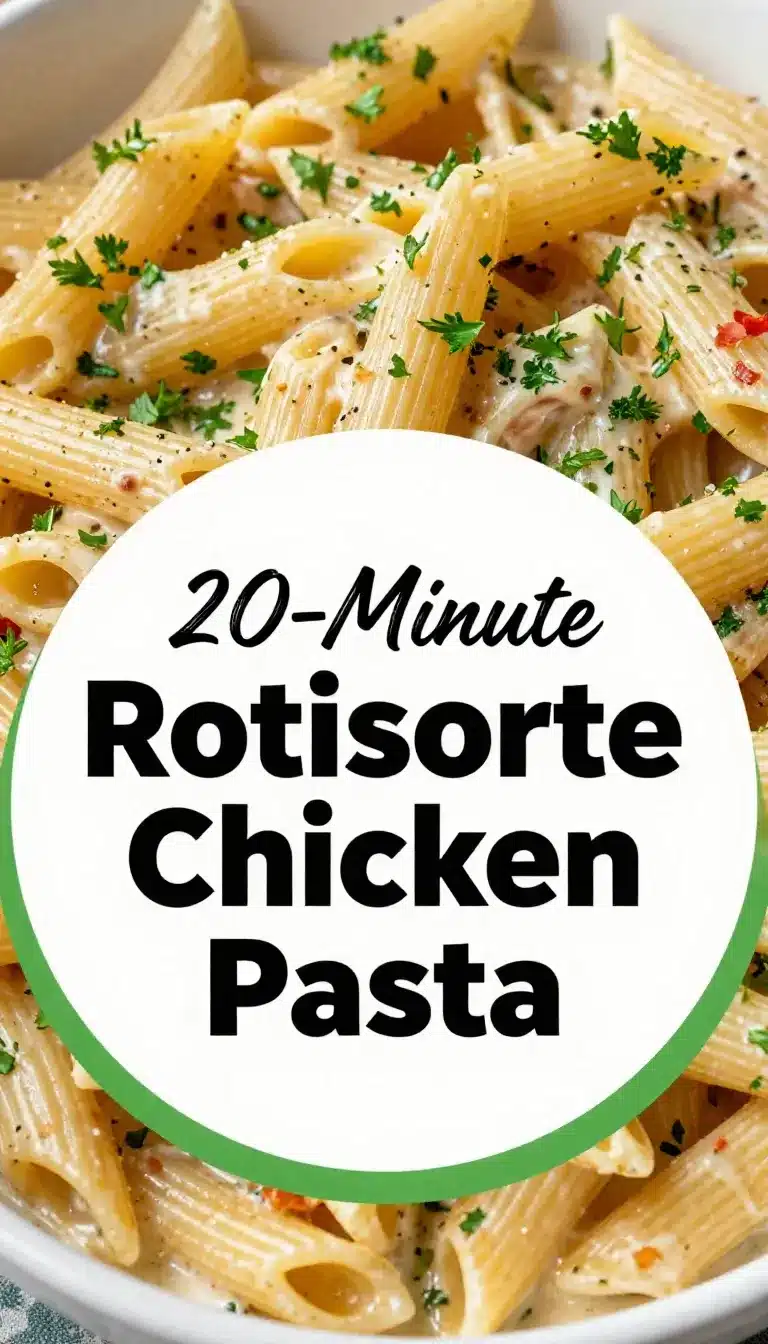 A bowl of rotisserie chicken pasta garnished with fresh parsley and served on a wooden table.