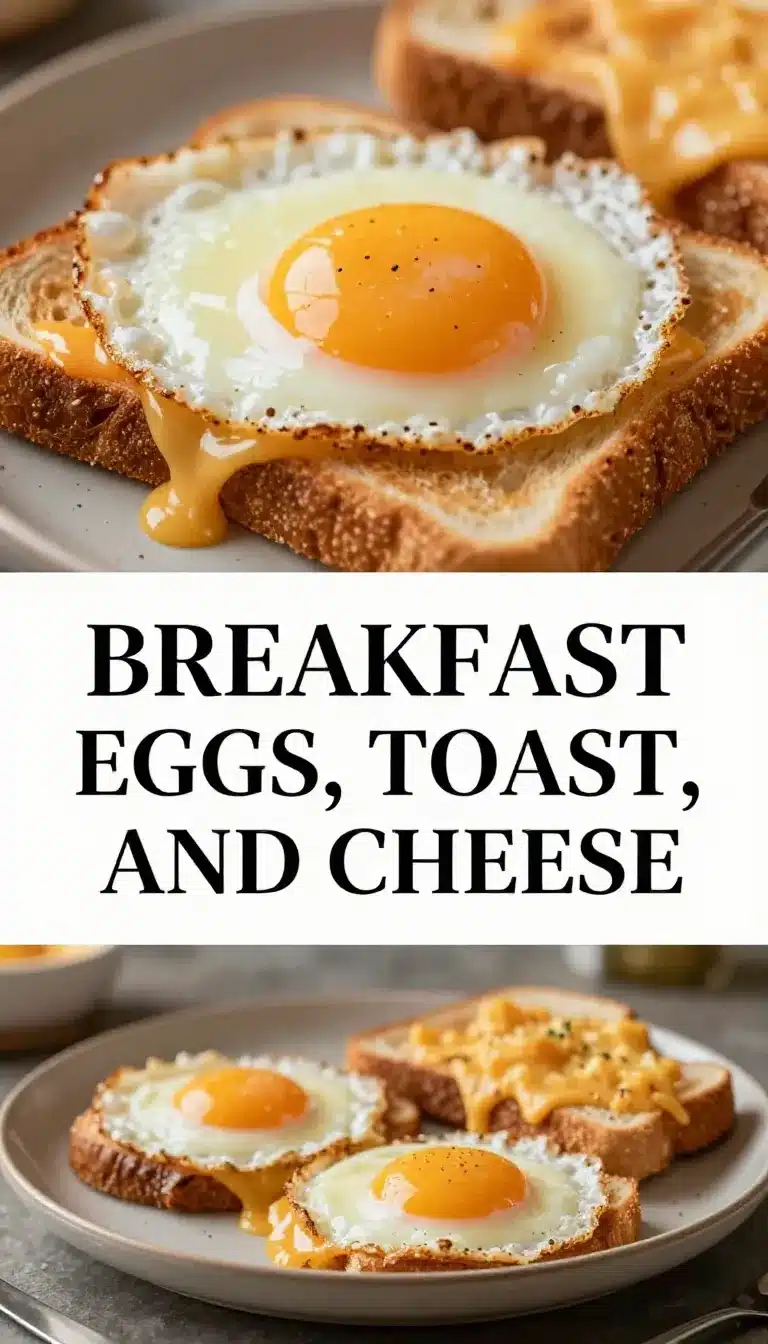 A plate of breakfast featuring eggs, toast, and cheese served on a wooden table.