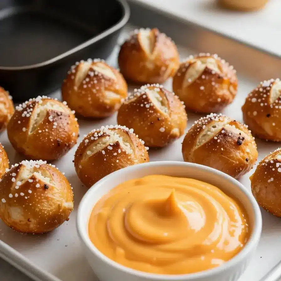 A close-up of golden-brown homemade soft pretzel bites served on a wooden board.
