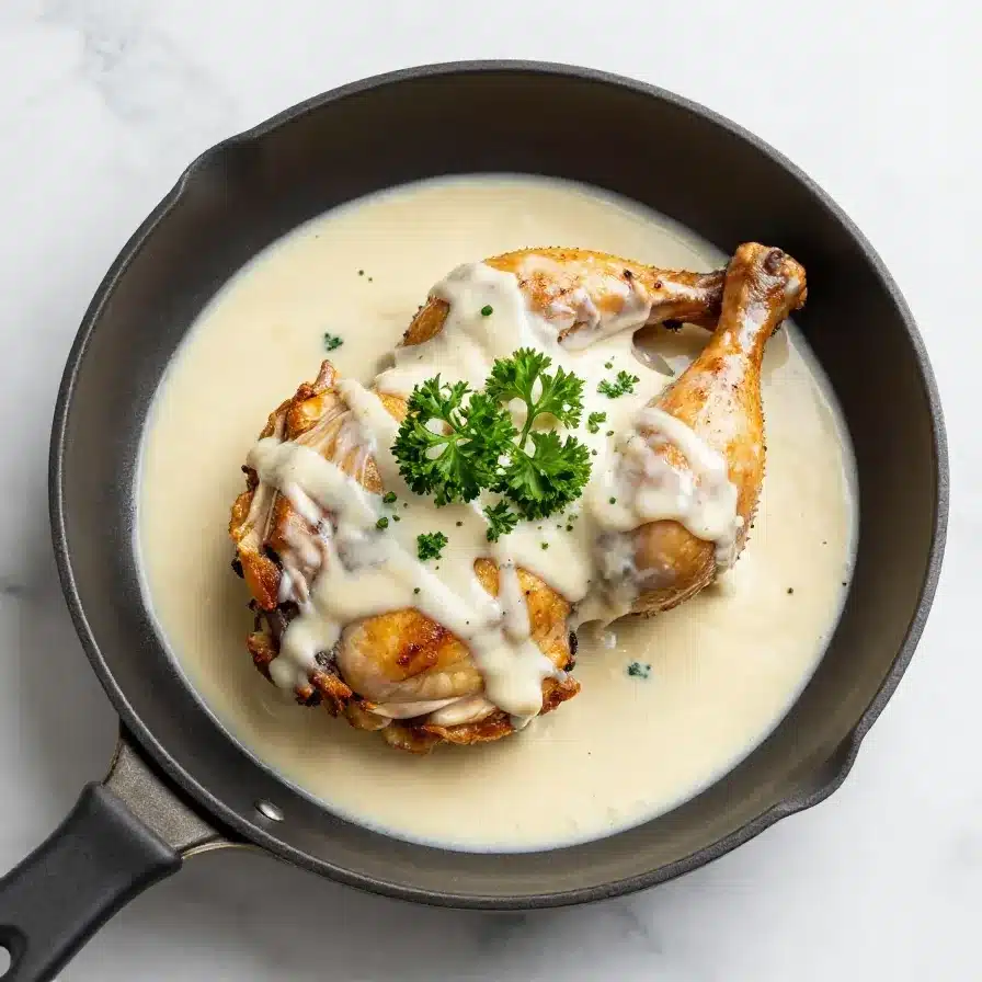 A plate of cream cheese chicken served with tangy herb sauce and garnished with fresh parsley.