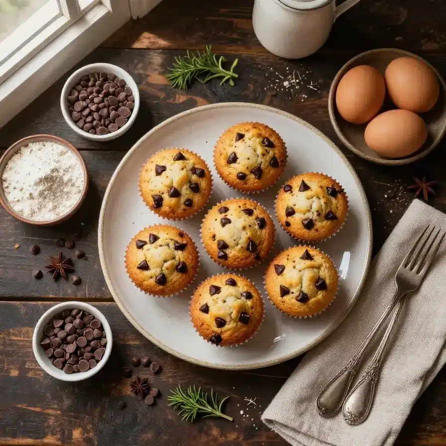 Close-up of freshly baked mini chocolate chip muffins on a wooden table.