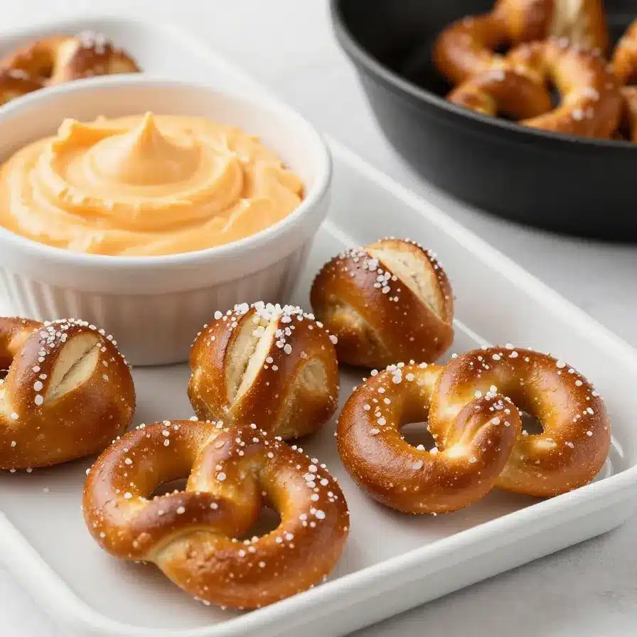 Homemade Soft Pretzel Bites 2 A close-up of golden-brown homemade soft pretzel bites served on a wooden board.