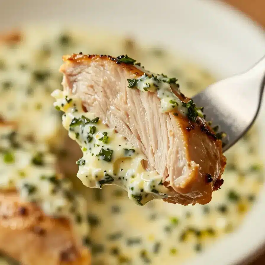 Cream Cheese Chicken with Tangy Herb Sauce 2 A plate of cream cheese chicken served with tangy herb sauce and garnished with fresh parsley.