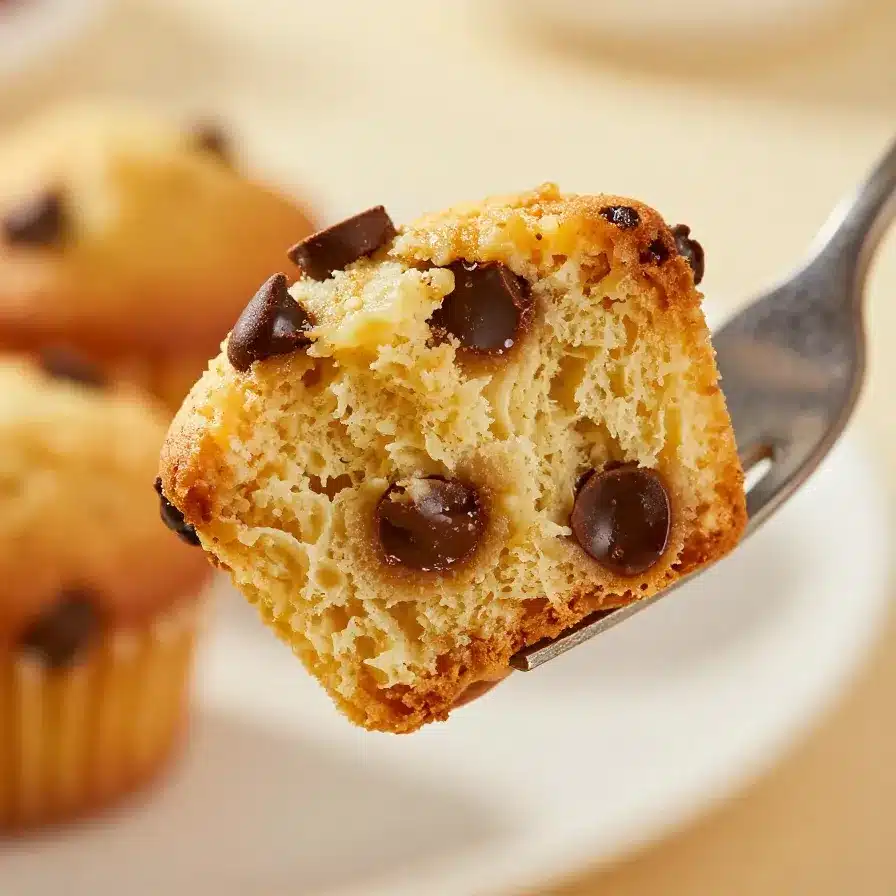 Close-up of freshly baked mini chocolate chip muffins on a wooden table.