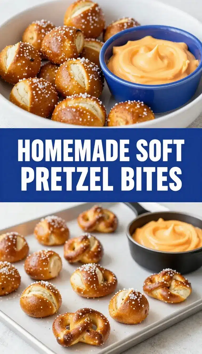 Homemade Soft Pretzel Bites 3 A close-up of golden-brown homemade soft pretzel bites served on a wooden board.