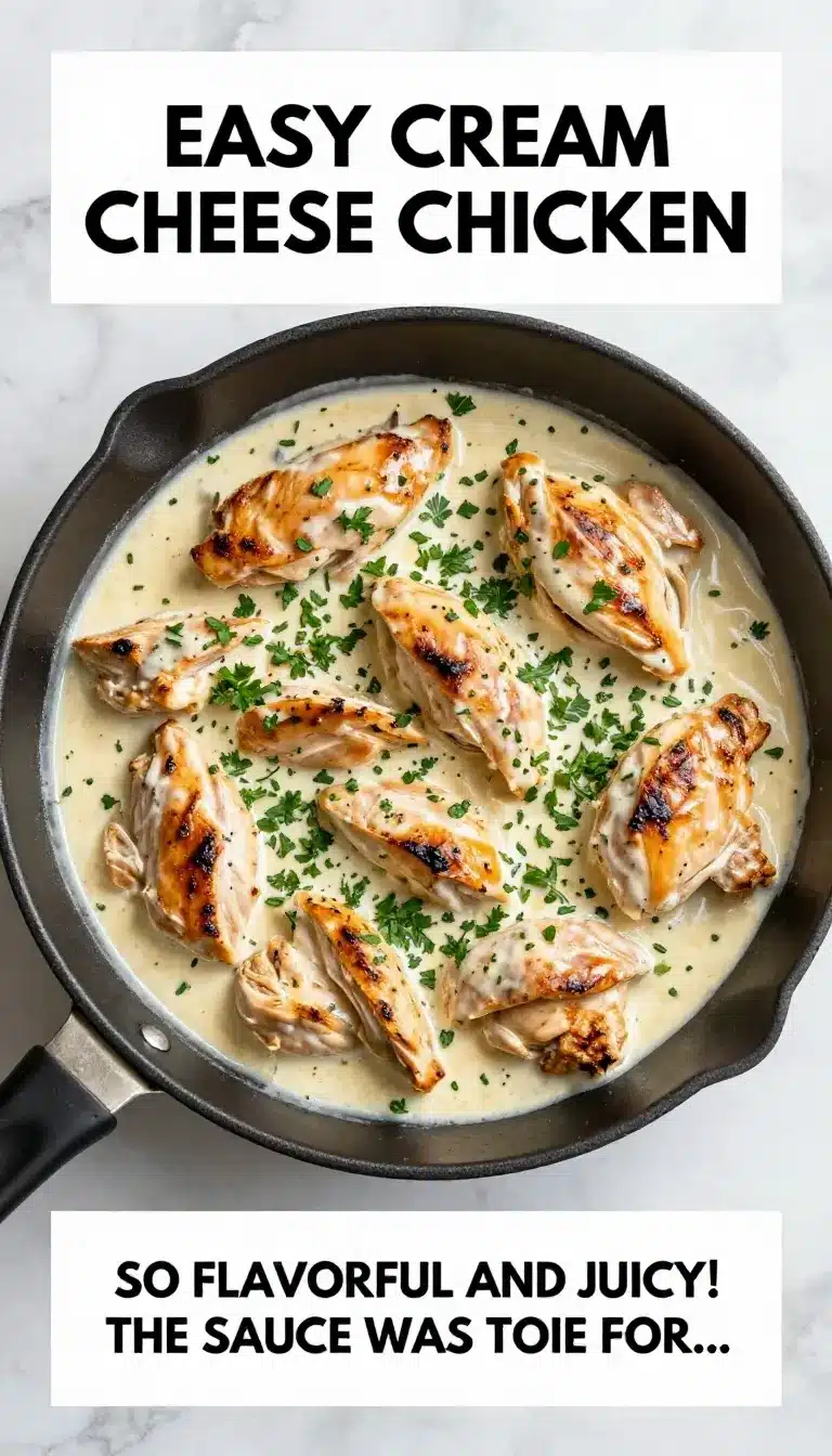 Cream Cheese Chicken with Tangy Herb Sauce 5 A plate of cream cheese chicken served with tangy herb sauce and garnished with fresh parsley.