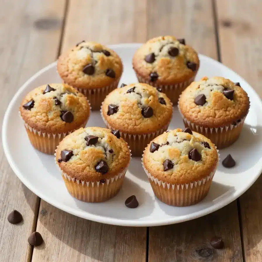 A close-up view of freshly baked mini chocolate chip muffins on a wooden table.