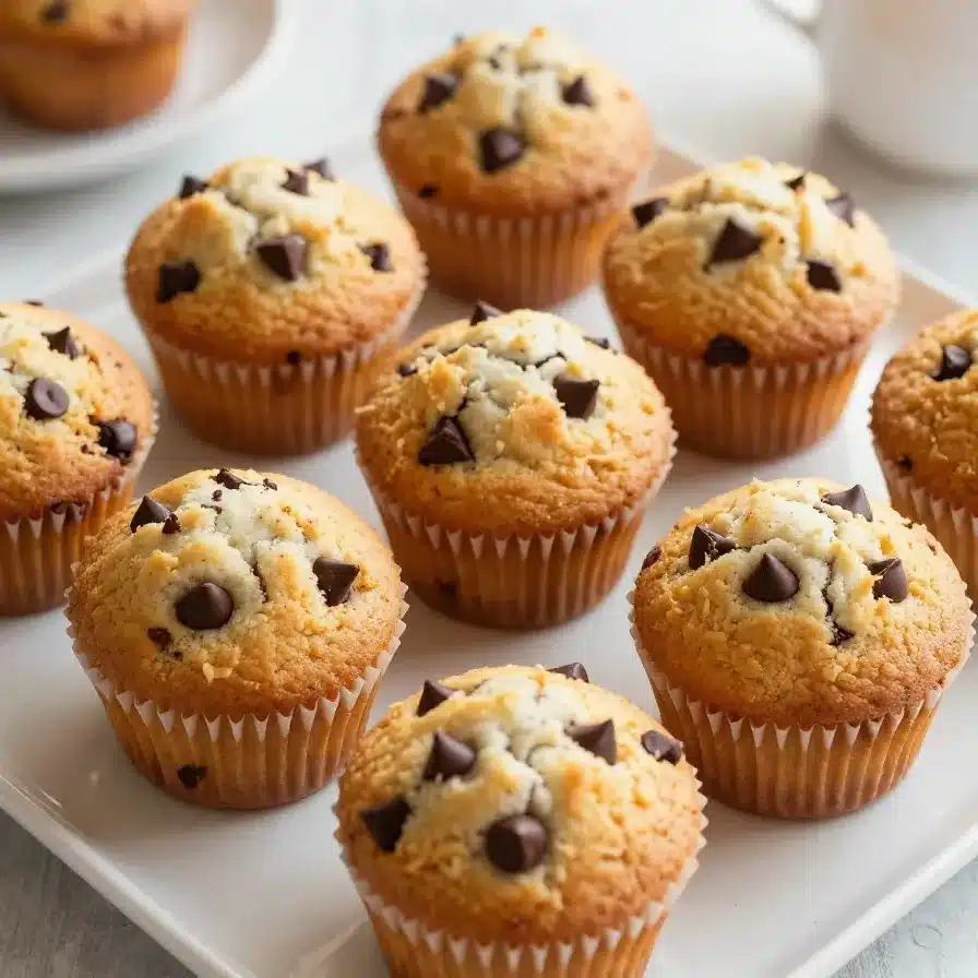 A close-up view of freshly baked mini chocolate chip muffins on a wooden table.