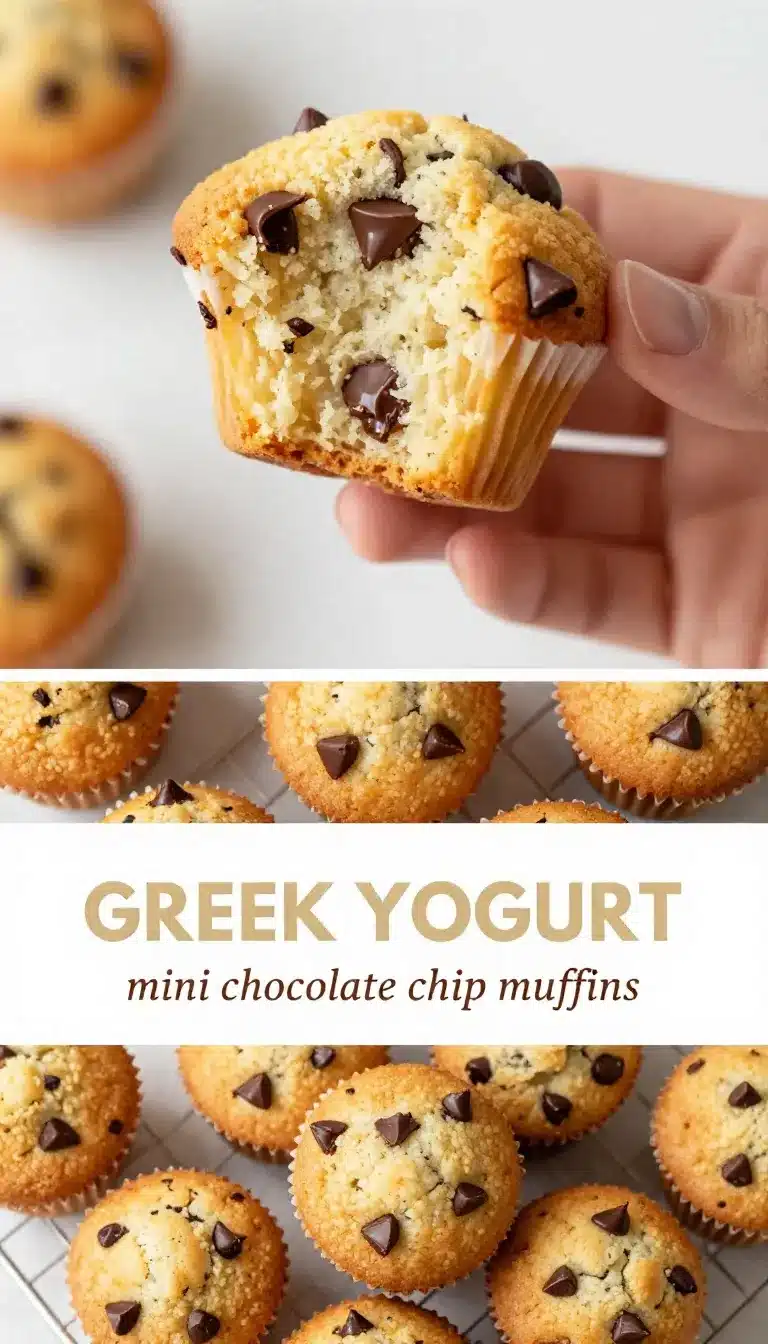 A close-up view of freshly baked mini chocolate chip muffins on a wooden table.