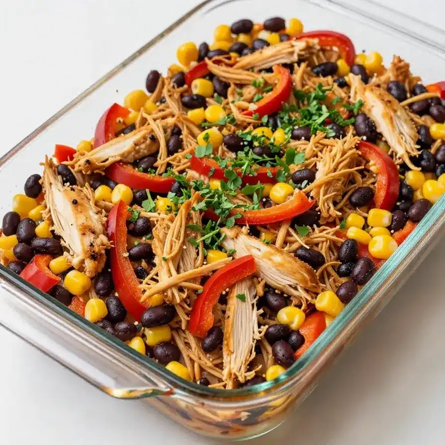 A freshly baked chicken burrito casserole topped with melted cheese and garnished with chopped cilantro.