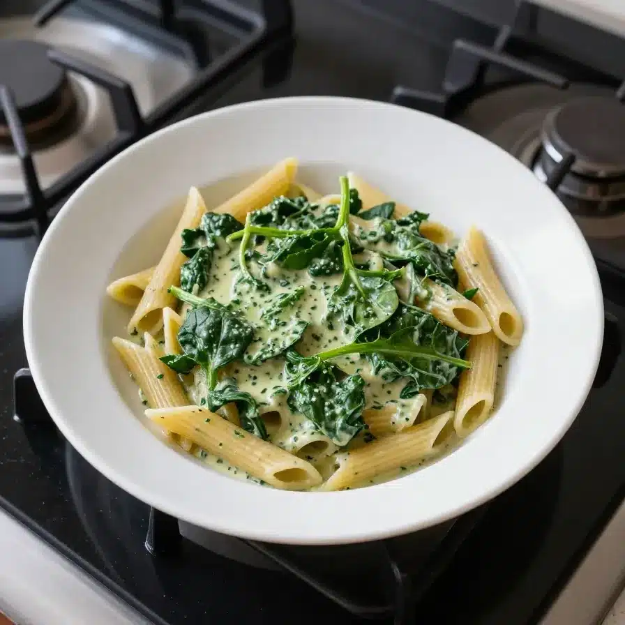 A plate of spinach pasta garnished with fresh herbs, served on a wooden table.