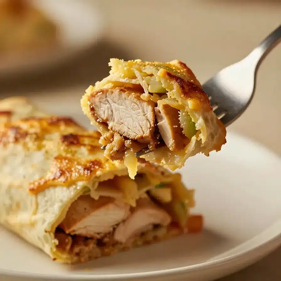 A freshly baked chicken burrito casserole topped with melted cheese and garnished with chopped cilantro.