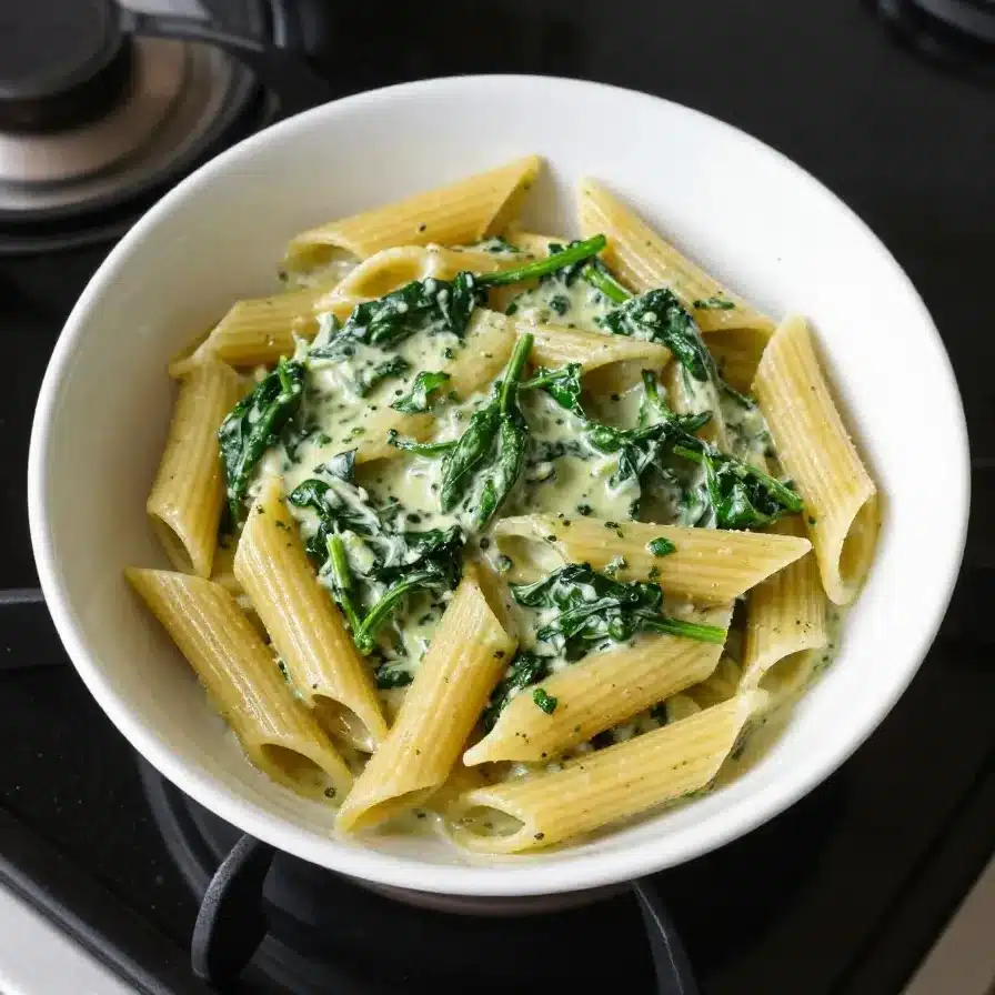 A plate of spinach pasta garnished with fresh herbs, served on a wooden table.