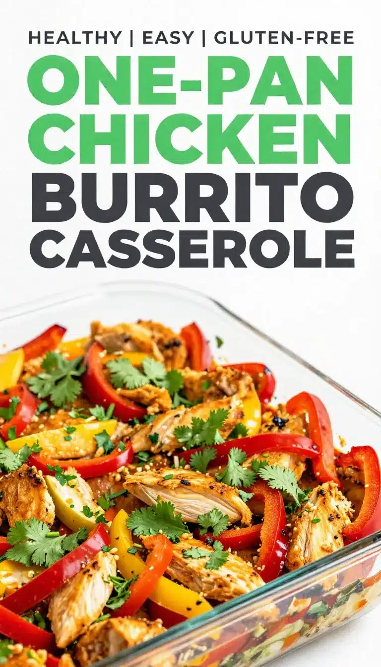 A freshly baked chicken burrito casserole topped with melted cheese and garnished with chopped cilantro.