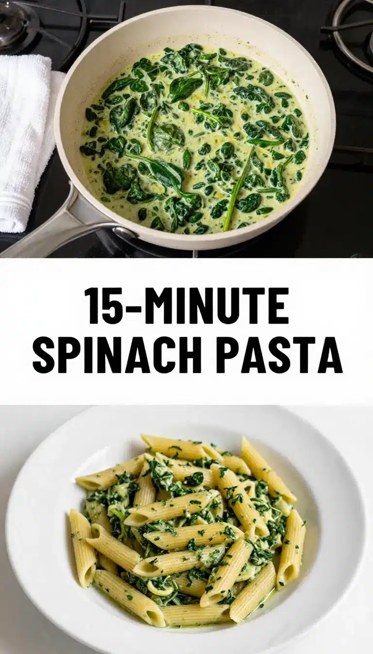 A plate of spinach pasta garnished with fresh herbs, served on a wooden table.