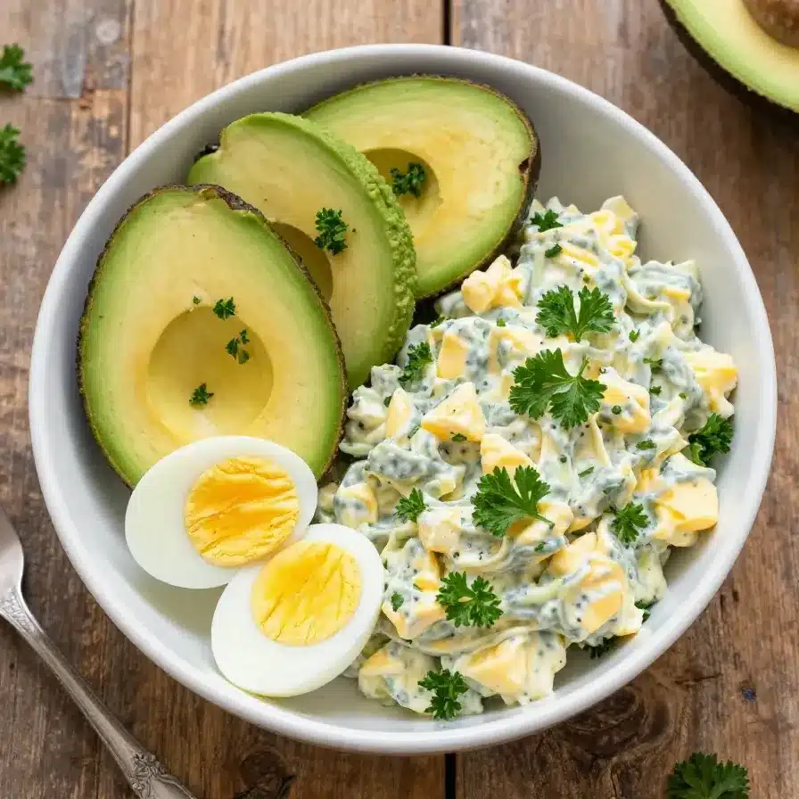 A bowl of creamy avocado egg salad garnished with fresh herbs.