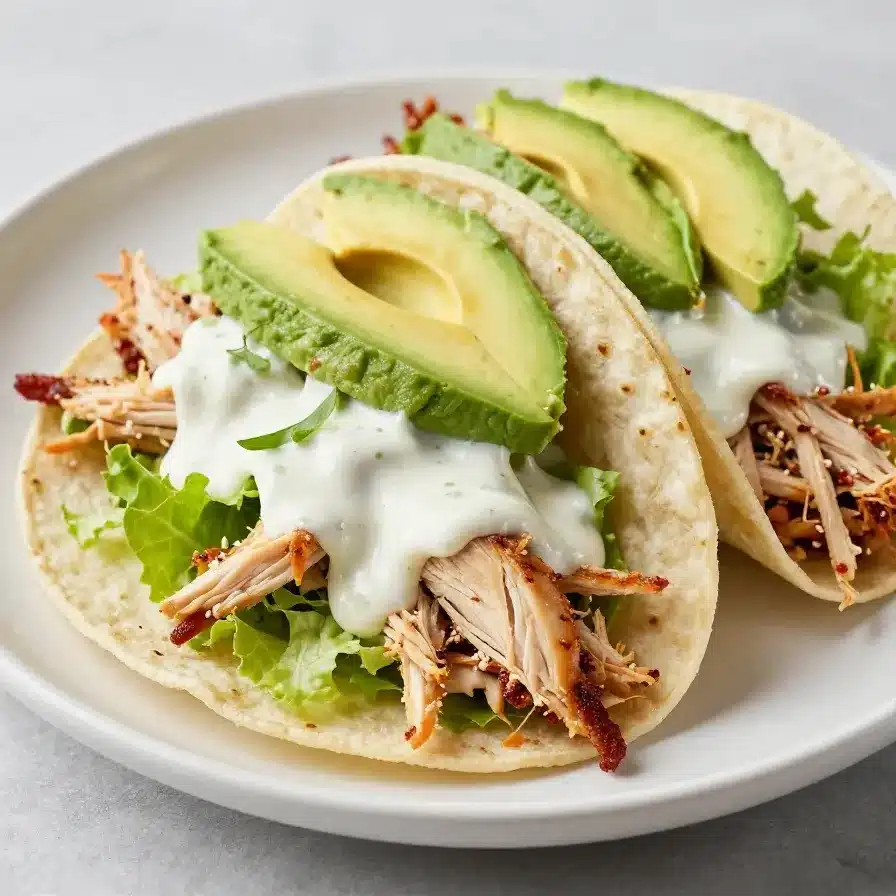 A plate of shredded chicken tacos topped with creamy chimichurri sauce, garnished with fresh cilantro and lime wedges.