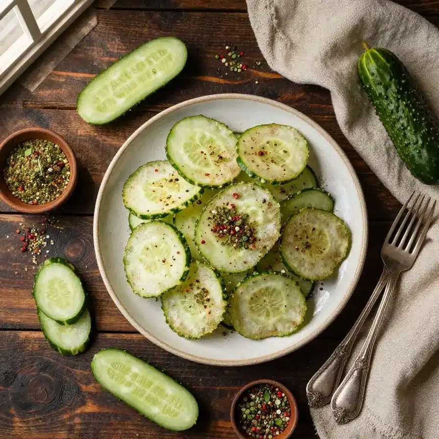 A bowl of crunchy ranch-flavored cucumber chips served on a wooden table.