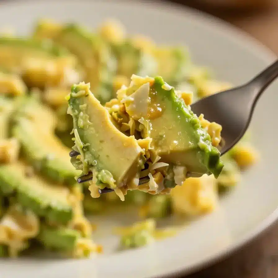 A bowl of creamy avocado egg salad garnished with fresh herbs.