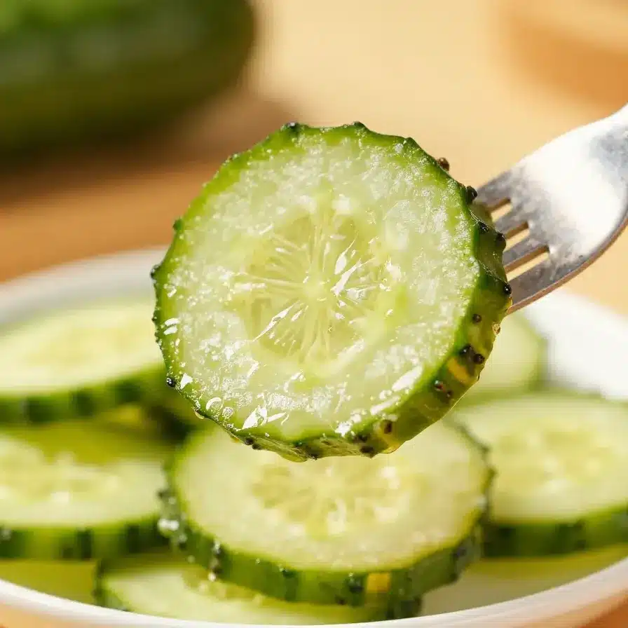 A bowl of crunchy ranch-flavored cucumber chips served on a wooden table.