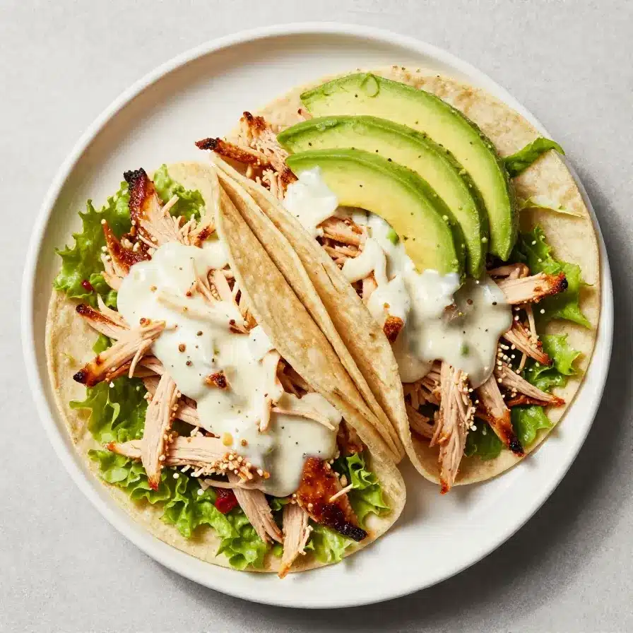 A plate of shredded chicken tacos topped with creamy chimichurri sauce, garnished with fresh cilantro and lime wedges.
