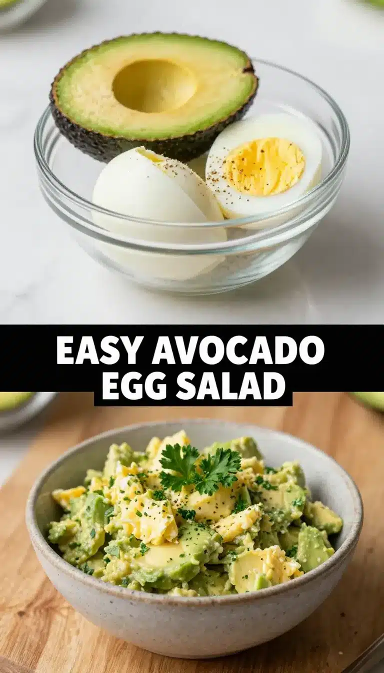 A bowl of creamy avocado egg salad garnished with fresh herbs.