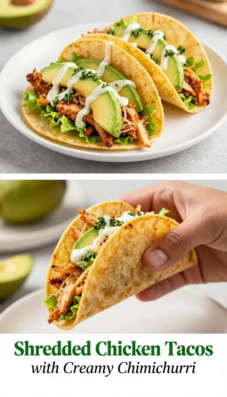 A plate of shredded chicken tacos topped with creamy chimichurri sauce, garnished with fresh cilantro and lime wedges.