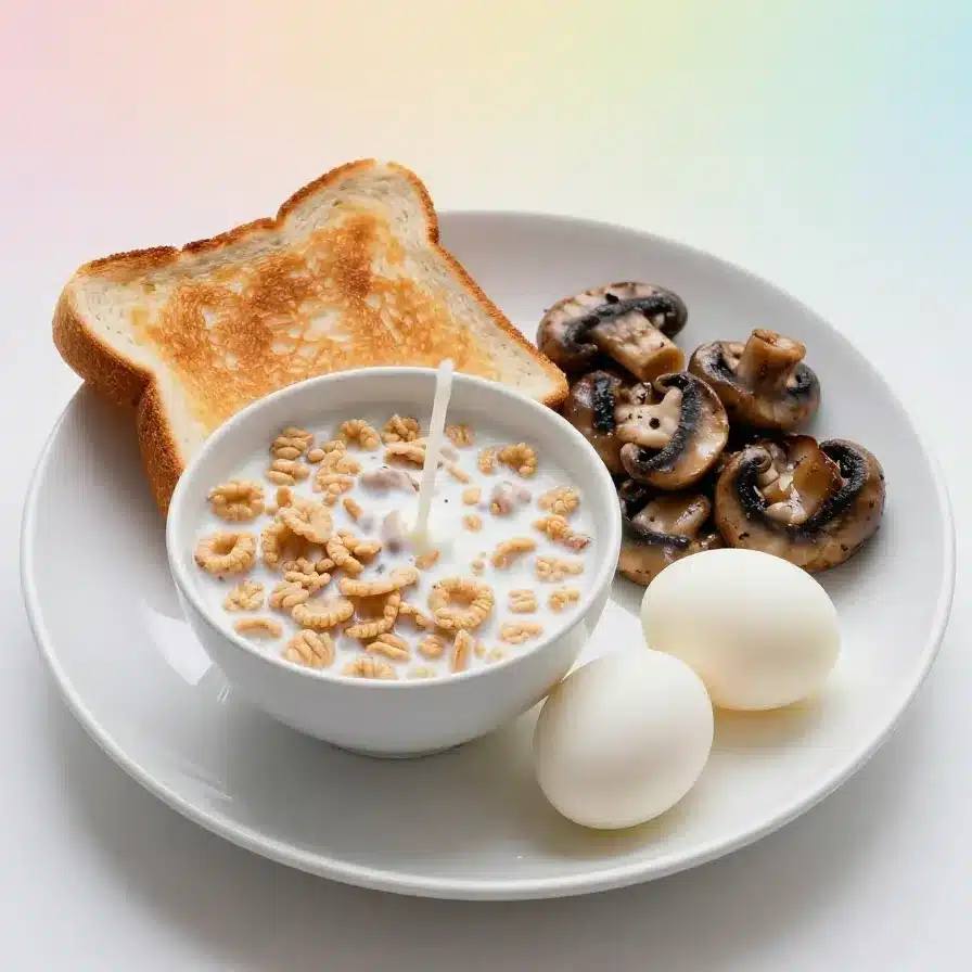 A table set with a simple breakfast menu, including toast, eggs, and orange juice.