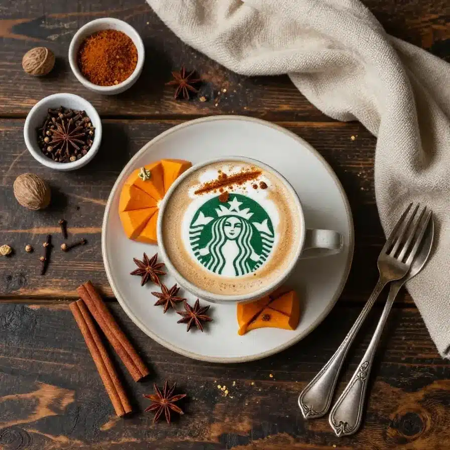 A venti-sized Pumpkin Spice Latte from Starbucks placed on a wooden table.