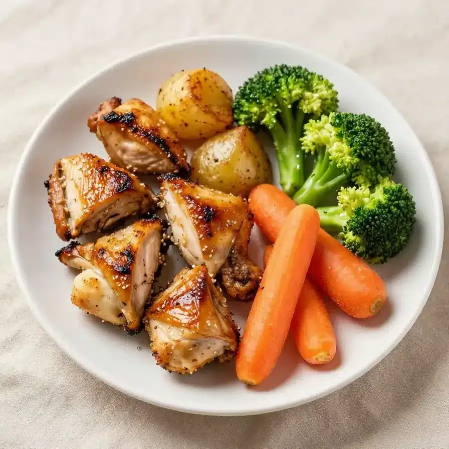 A sheet pan dinner featuring colorful vegetables and protein, perfect for pregnant women seeking a quick and healthy meal.
