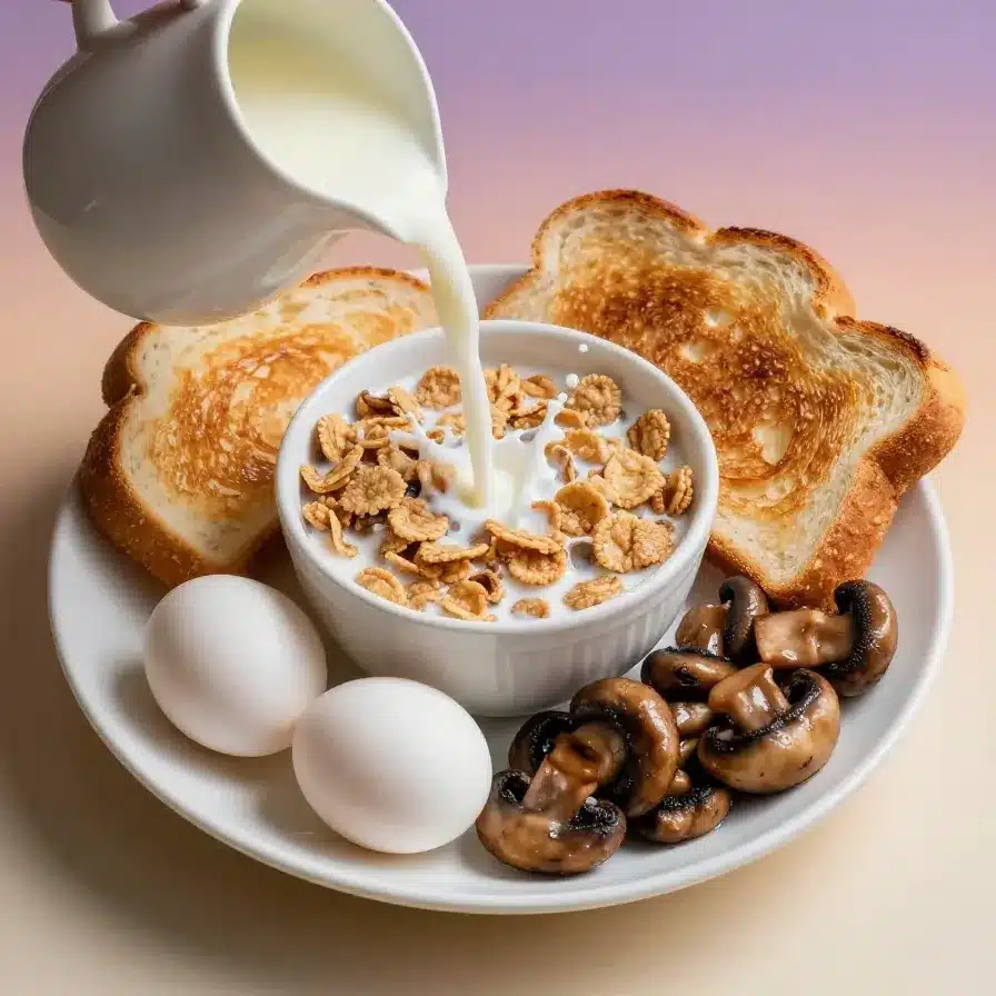 A table set with a simple breakfast menu, including toast, eggs, and orange juice.