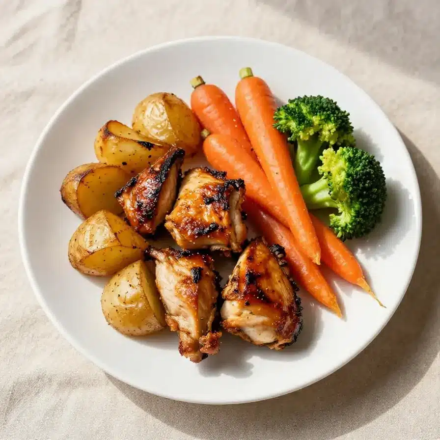 A sheet pan dinner featuring colorful vegetables and protein, perfect for pregnant women seeking a quick and healthy meal.