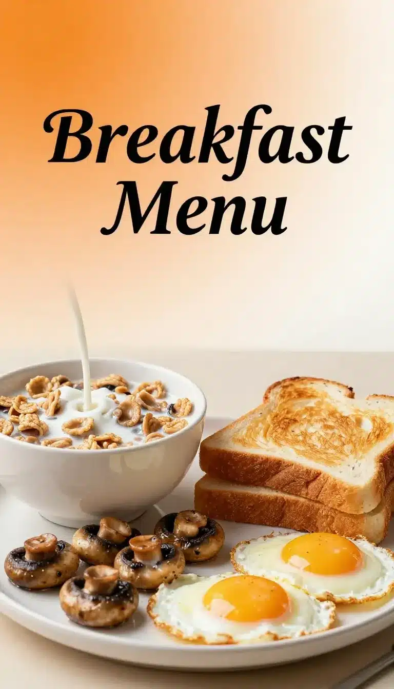 A table set with a simple breakfast menu, including toast, eggs, and orange juice.