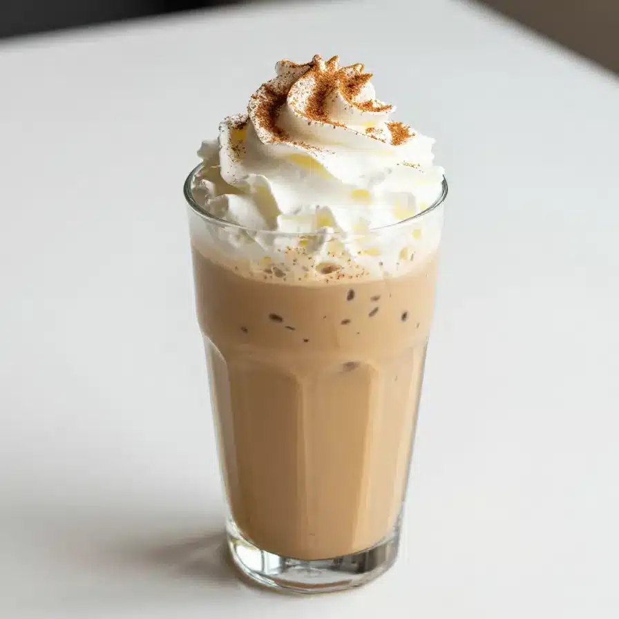 A glass of pumpkin spice cold brew topped with creamy foam on a wooden table.