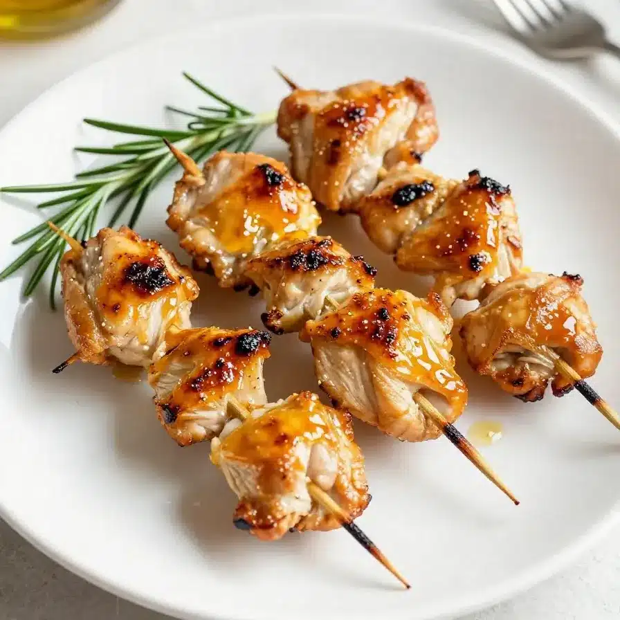 Grilled honey garlic chicken skewers served on a white plate with garnish.