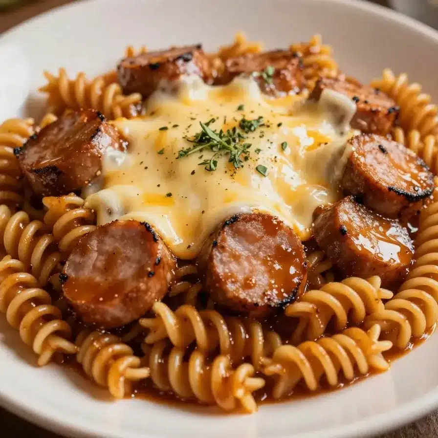 A close-up of a one-pot honey BBQ sausage pasta served in a white bowl with fresh parsley garnish.