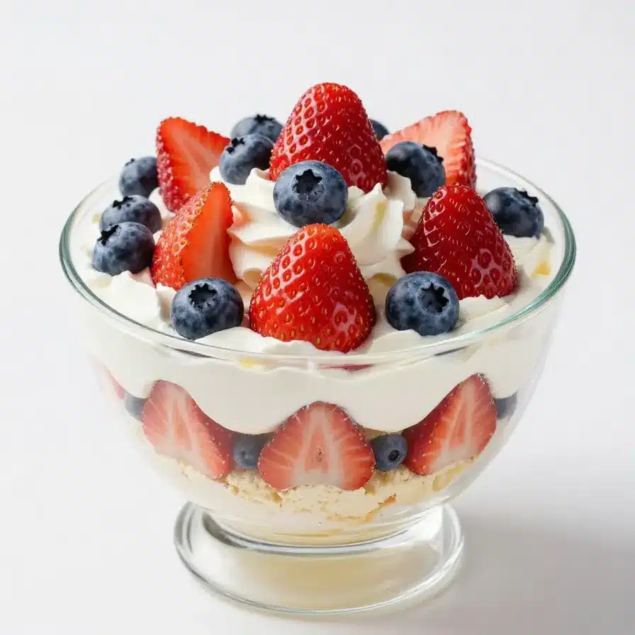 A colorful Fourth of July trifle layered with fresh berries, whipped cream, and sponge cake in a glass dish.