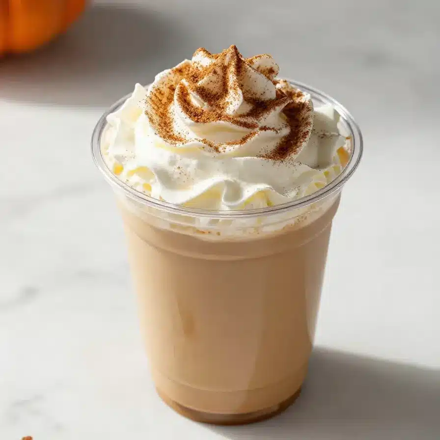 A close-up of a Starbucks Pumpkin Spice Latte topped with whipped cream and cinnamon.