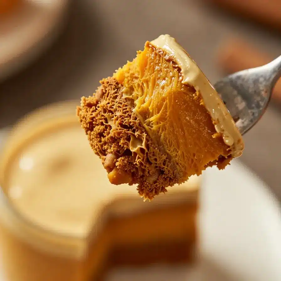 A glass of pumpkin spice cold brew topped with creamy foam on a wooden table.