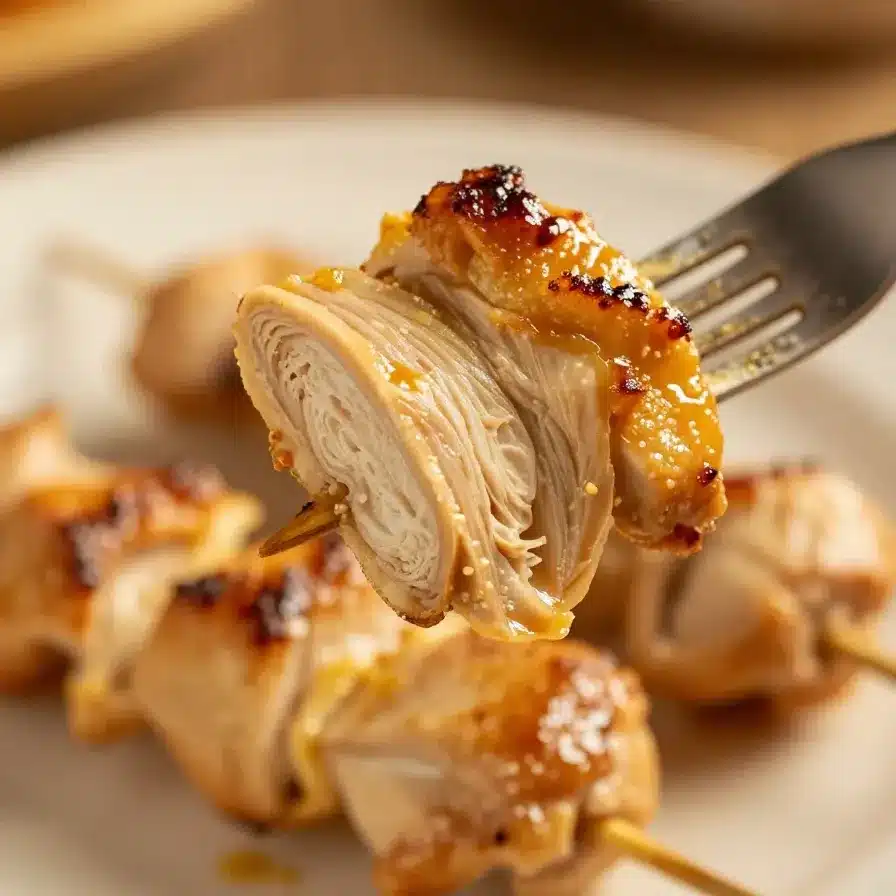 Grilled honey garlic chicken skewers served on a white plate with garnish.