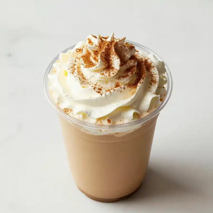 A close-up of a Starbucks Pumpkin Spice Latte topped with whipped cream and cinnamon.