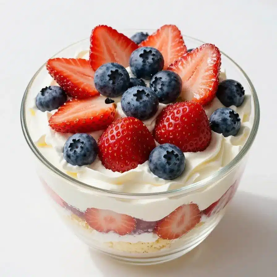 A colorful Fourth of July trifle layered with fresh berries, whipped cream, and sponge cake in a glass dish.