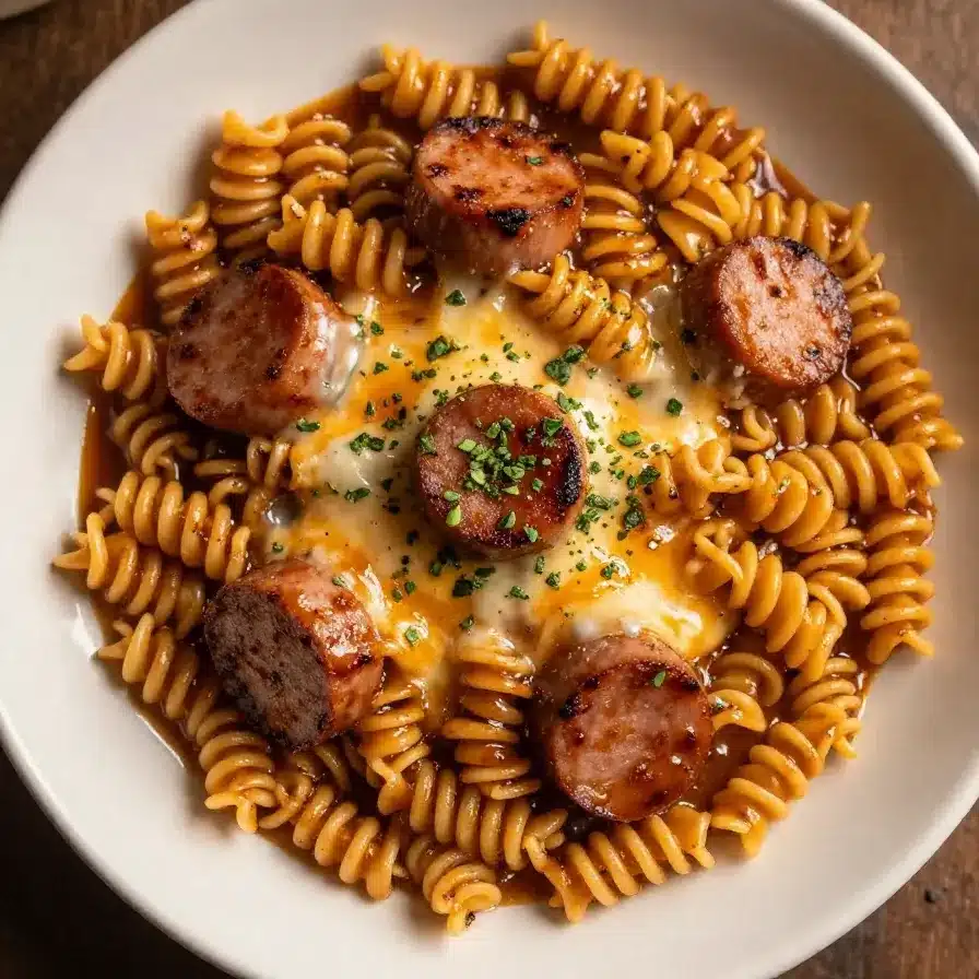 A close-up of a one-pot honey BBQ sausage pasta served in a white bowl with fresh parsley garnish.