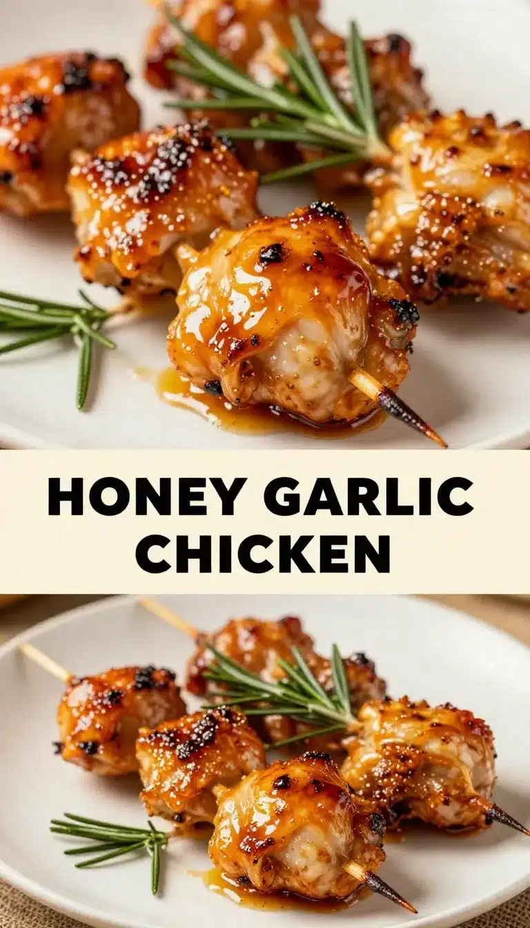 Grilled honey garlic chicken skewers served on a white plate with garnish.