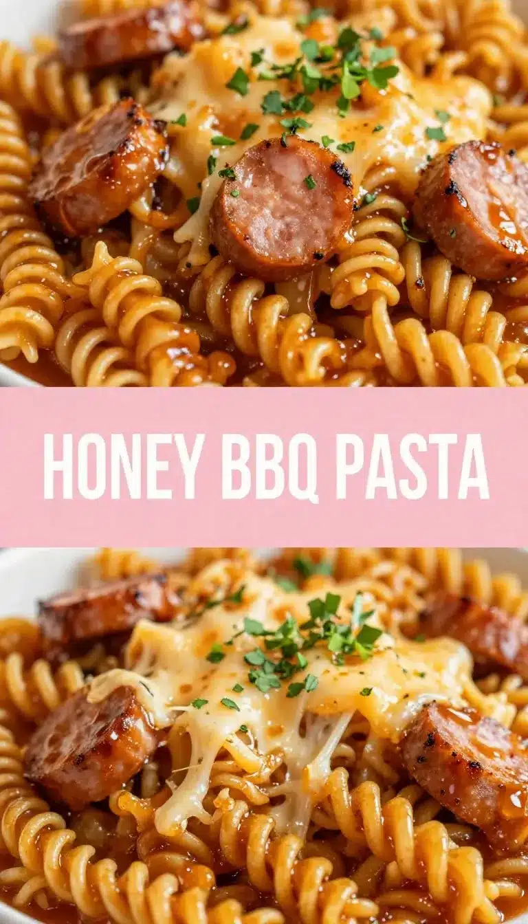 A close-up of a one-pot honey BBQ sausage pasta served in a white bowl with fresh parsley garnish.