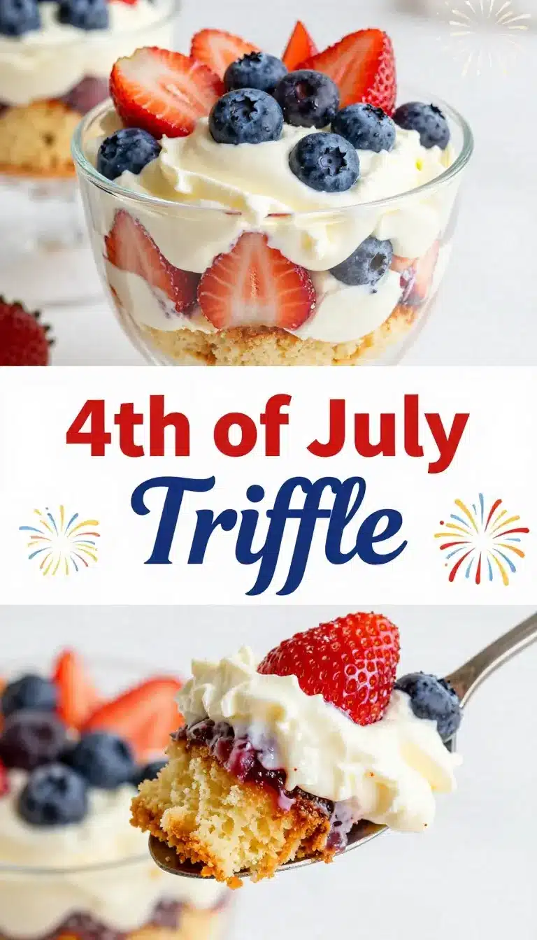 A colorful Fourth of July trifle layered with fresh berries, whipped cream, and sponge cake in a glass dish.