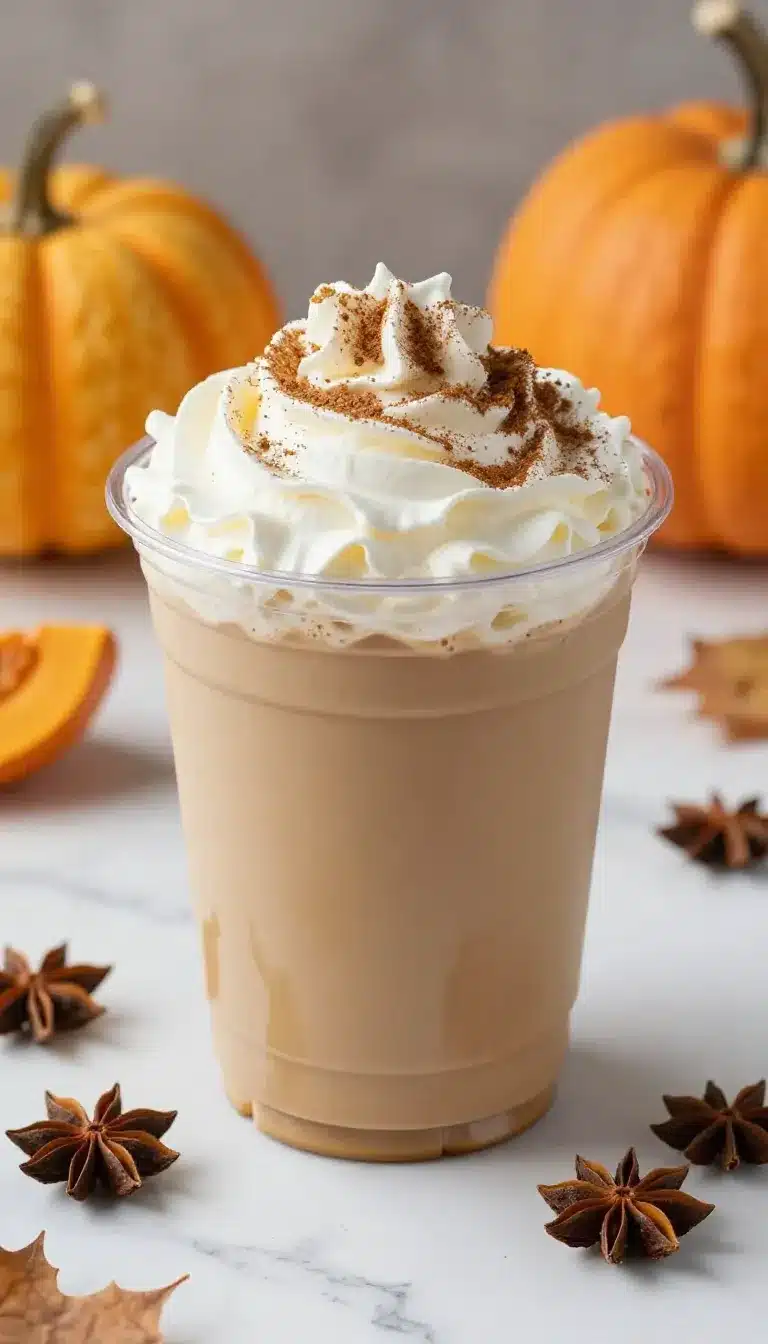 A close-up of a Starbucks Pumpkin Spice Latte topped with whipped cream and cinnamon.