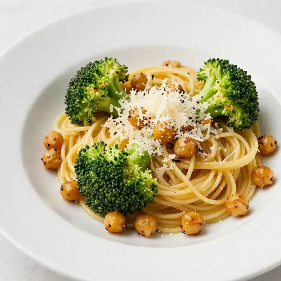 A bowl of broccoli chickpea pasta garnished with fresh herbs on a wooden table.