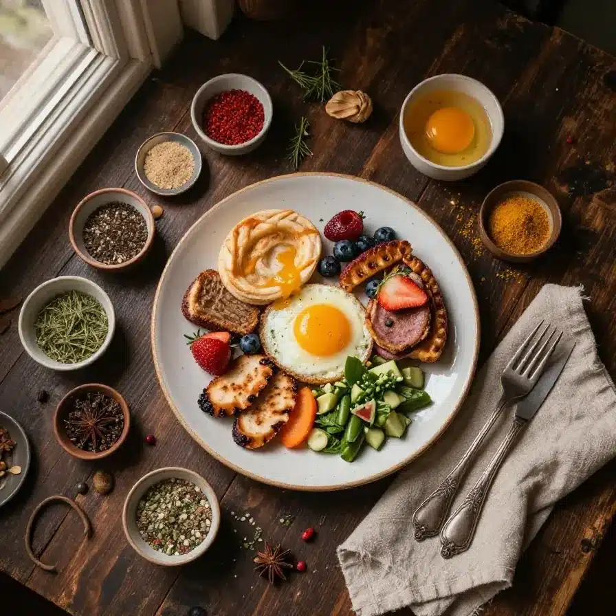 A cozy breakfast setup with pancakes, coffee, and a rainy window in the background.