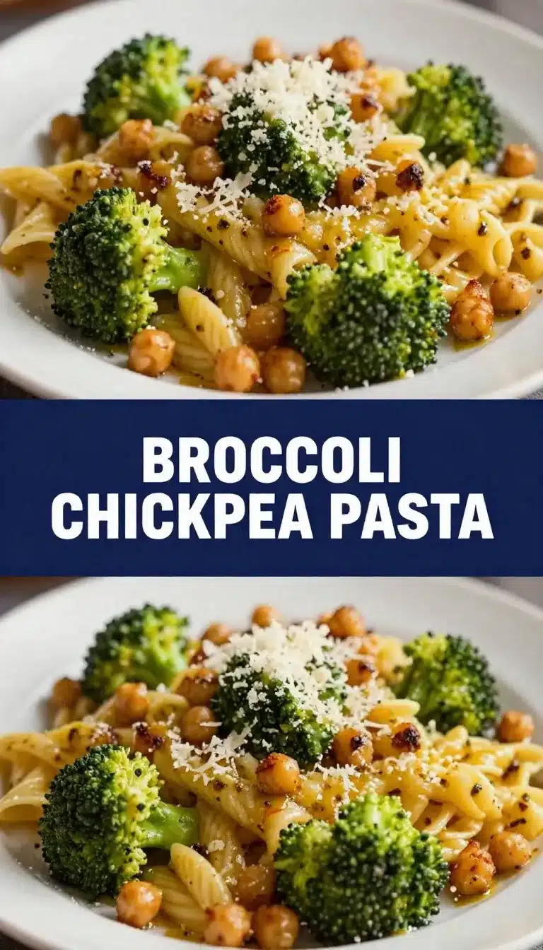 A bowl of broccoli chickpea pasta garnished with fresh herbs on a wooden table.